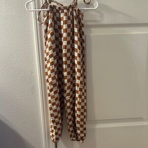 Rylee + Cru Brown and White Checkered Jumpsuit